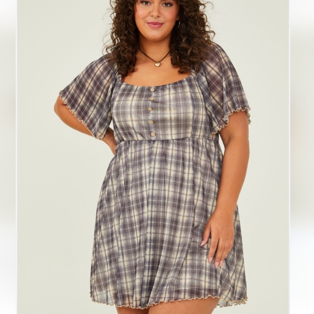 ARULA Plaid Mini Dress in Purple and Cream
